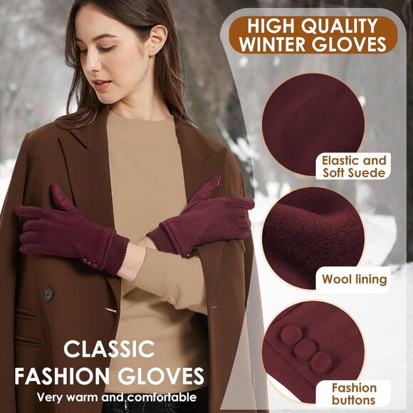 Women's Touch Screen Texting Fleece Lined Windproof Winter Warm Dark Red Gloves - Picture 2 of 7